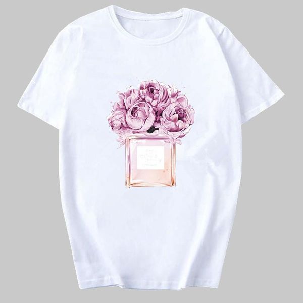 colorful flower perfume bottle sweet women t shirt harajuku brand short sleeve vogue graphic streetwear tees female, White